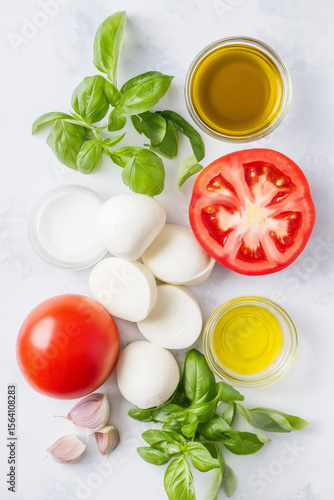 Colorful flatlay of ingredients: tomato, basil, mozzarella, olive oil, laid out symmetrically on light background