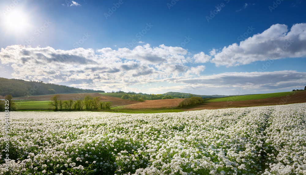 Obraz premium expansive field of white blossoms stretches towards the horizon green hills and a sky with fluffy white clouds sunlight cascades over the field highlighting the purity and uniformity of the flowers