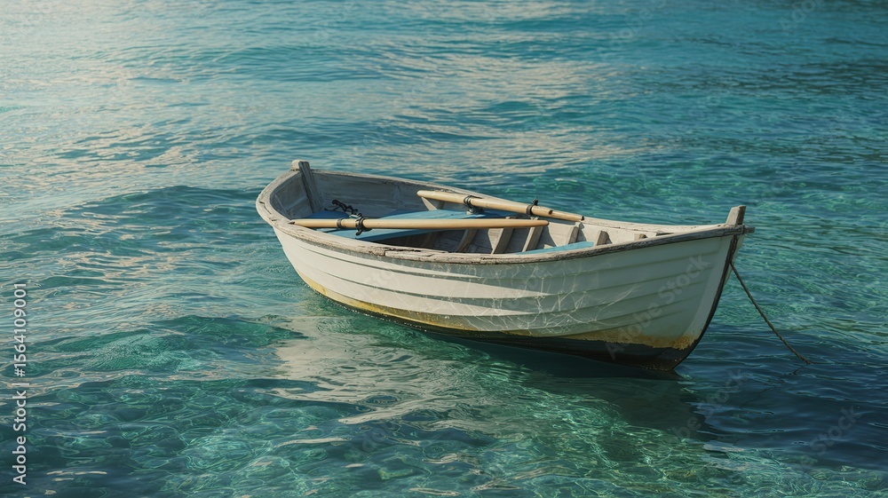 Empty rowboat with oars floats peacefully on clear turquoise water Empty rowboat with oars floats peacefully on clear turquoise water