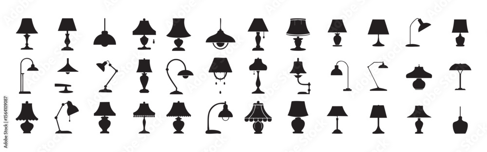 Collection Of Lamp Silhouettes In Various Styles And Designs For Interior Decor Elements And Lighting Fixtures Depicted In Black Collection Of Lamp Silhouettes In Various Styles And Designs For Interior Decor Elements And Lighting Fixtures Depicted In Black