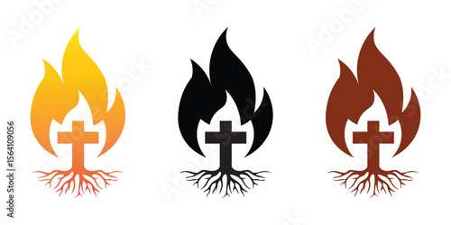 Christian Cross Rooted In Faith With Holy Spirit Flame In Three Color Variations Religious Symbol Vector Art