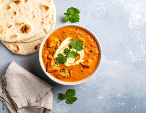Beautiful top view of butter chicken curry with swirl of cream and garnished with fresh coriander on a light background