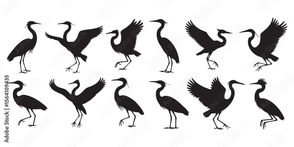Fototapeta premium Heron Silhouette Vector Collection Diverse Bird Poses Isolated On White Background Artistic Wildlife Illustration For Design Elements And Creative Projects