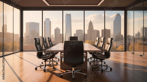 Modern conference room with city skyline view at sunset