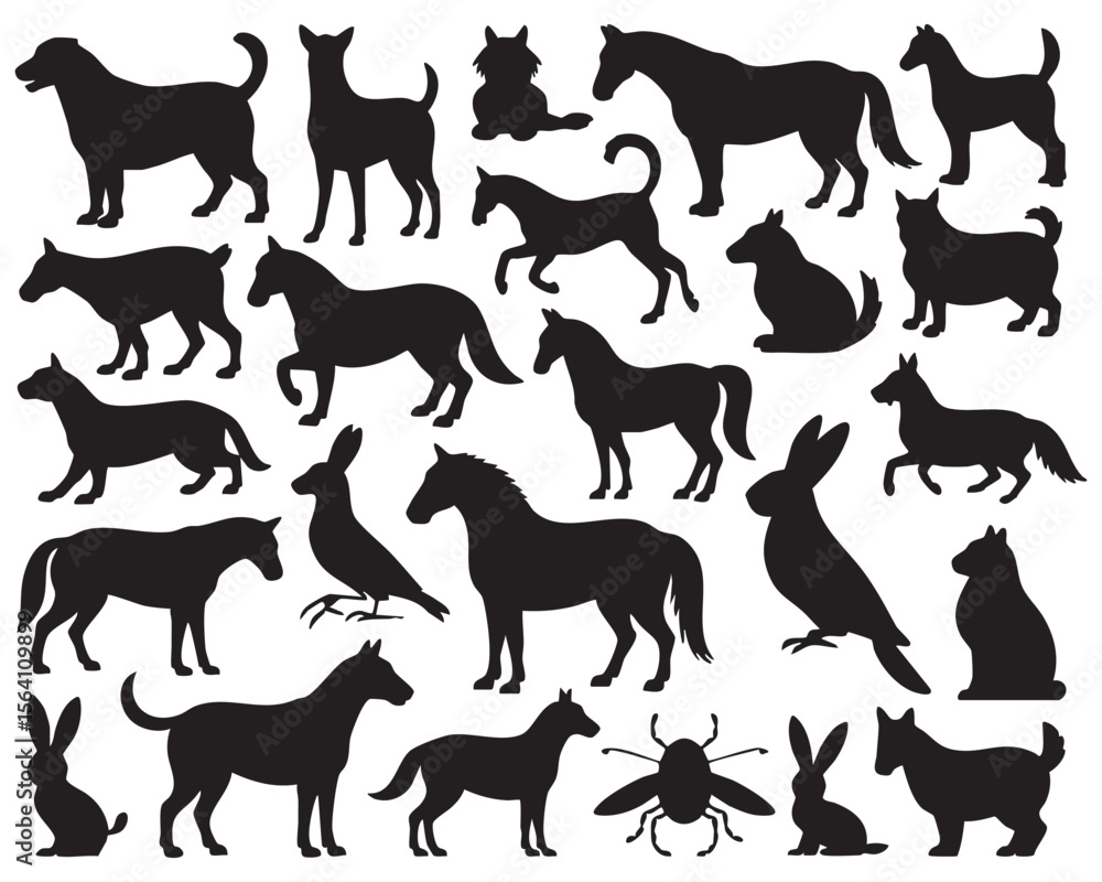 Fototapeta premium Vector Illustration Featuring Various Animal Silhouettes Including Dogs Horses Rabbits Birds And Insects Depicted In A Clean And Minimalist Style