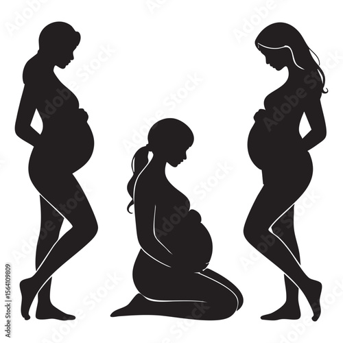 Silhouette Vector Of Three Pregnant Women In Different Poses Isolated On White Background Represents Maternity Beauty And Motherhood Expectation