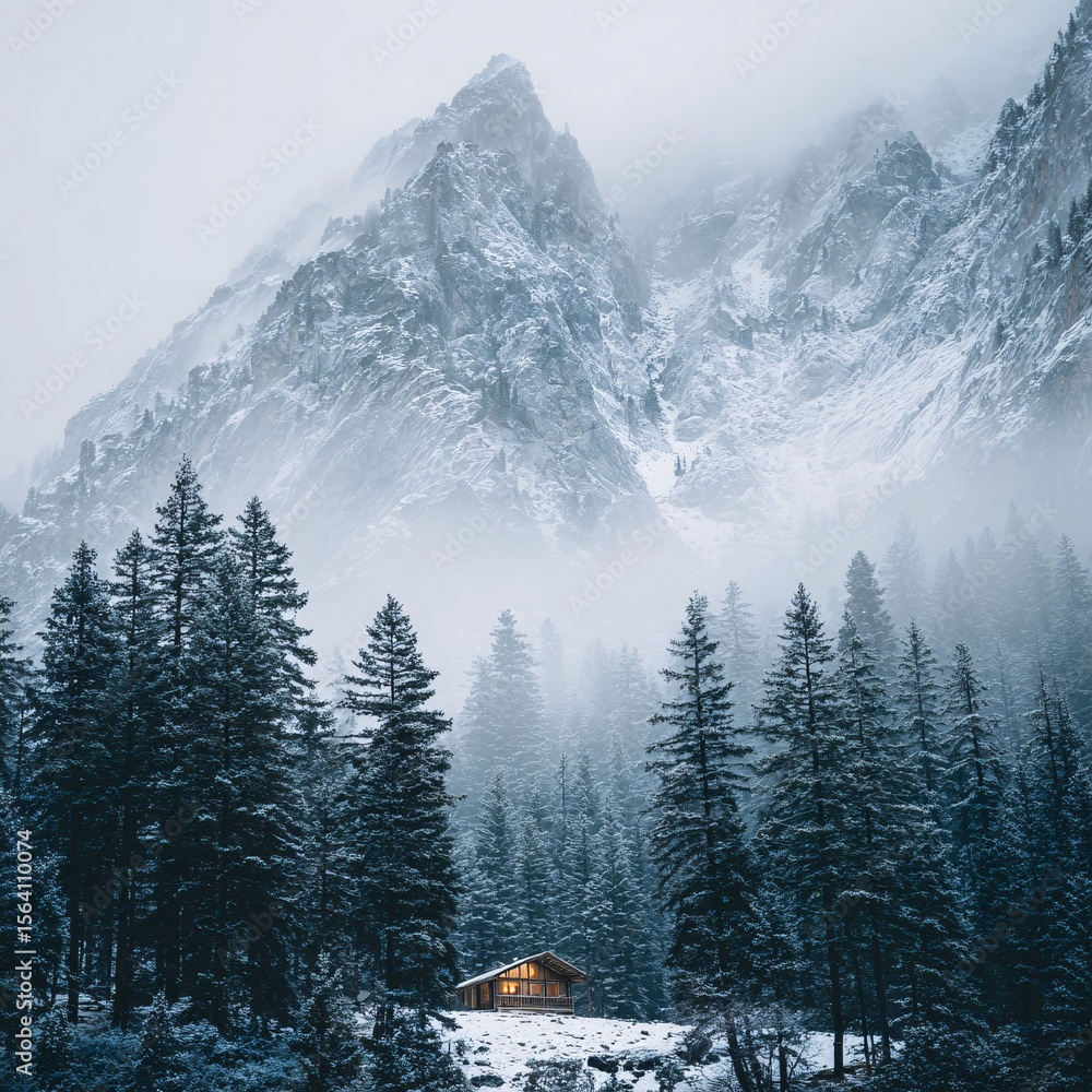 Fototapeta premium Cozy Wooden Cabin in a Misty Winter Forest with Snowy Mountains