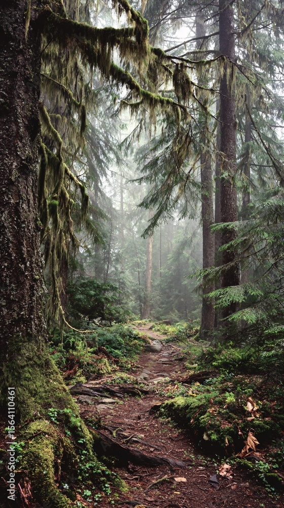 Obraz premium Mysterious Mossy Forest Path on a Misty Day