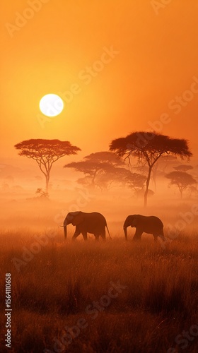 Vertical Safari Sunset with Elephants and Acacia Trees in Hazy Landscape