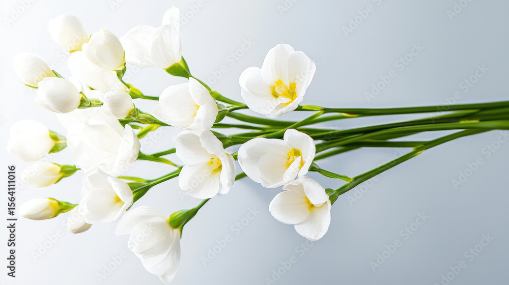 Fototapeta premium Fresh white flowers with delicate petals and vibrant yellow centers create serene and elegant arrangement