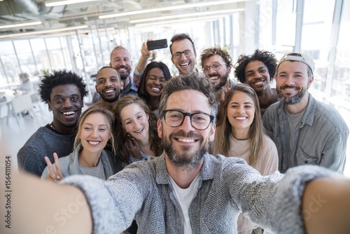 A diverse group of smiling coworkers take a cheerful selfie in a modern, bright office space