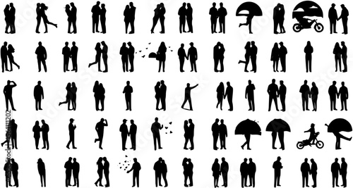 Romantic couple with various poses outdoors vector flat silhouette set collection.
