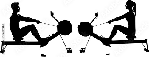 Silhouette of Male and Female on Rowing Exercise Machine
