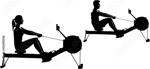 Silhouette of Male and Female on Rowing Exercise Machine

