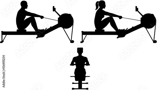 Silhouette of Male and Female on Rowing Exercise Machine
