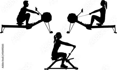 Silhouette of Male and Female on Rowing Exercise Machine
