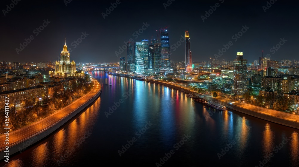 Obraz premium Night cityscape illuminated skyscrapers and river reflections