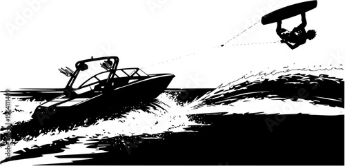 A wakeboard boat pulling a wakeboarder doing a trick.
