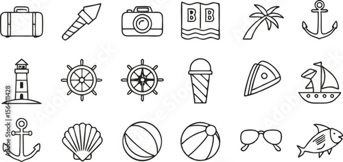 Summer Vacation Icons Beach, Travel, and Nautical Vector EPS Illustration