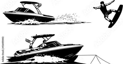A wakeboard boat pulling a wakeboarder doing a trick.

