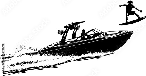 A wakeboard boat pulling a wakeboarder doing a trick.
