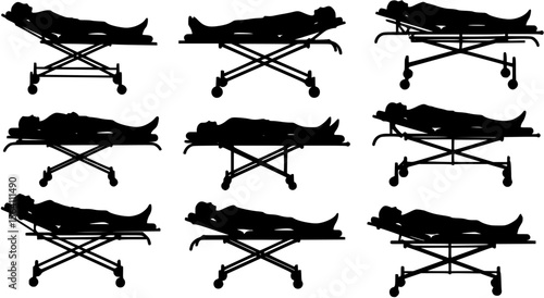 vector silhouette of a person lying on a gurney on a white background .
