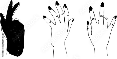 The lady does a manicure, paints her nails with varnish. Silhouette of female hands in a modern one line style. Solid line, aesthetic outline for decor, posters, stickers, logo. Vector illustration