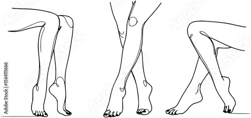 Silhouettes of human legs, feet in modern one line style. Red painted nails. Continuous line drawing, stickers, logo. Vector illustration
