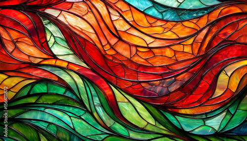abstract stained glass composition with flowing wave patterns in vibrant red orange and green hues perfect for artistic background use