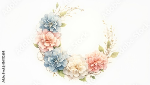 A circular floral wreath composed of pink, blue, and white flowers with interspersed green leaves. The symmetrical arrangement creates a delicate and balanced design against a plain white background.