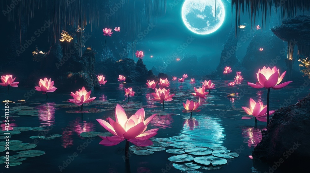 Fototapeta premium Pink lotus flowers cave pond night