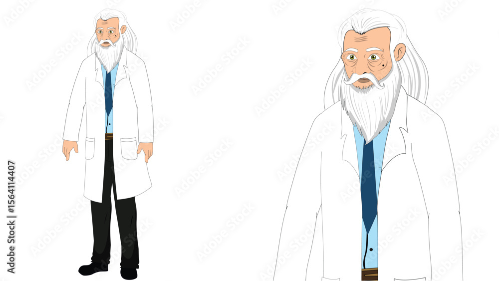 Fototapeta premium Cartoon Scientist with Long White Hair and Beard