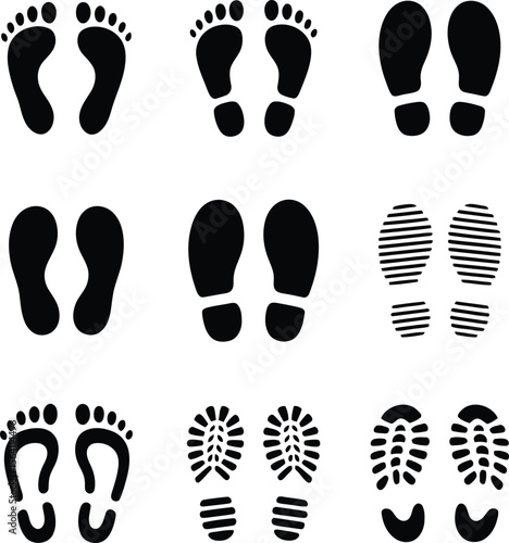 Collection of black footprint and shoe print icons on a white background