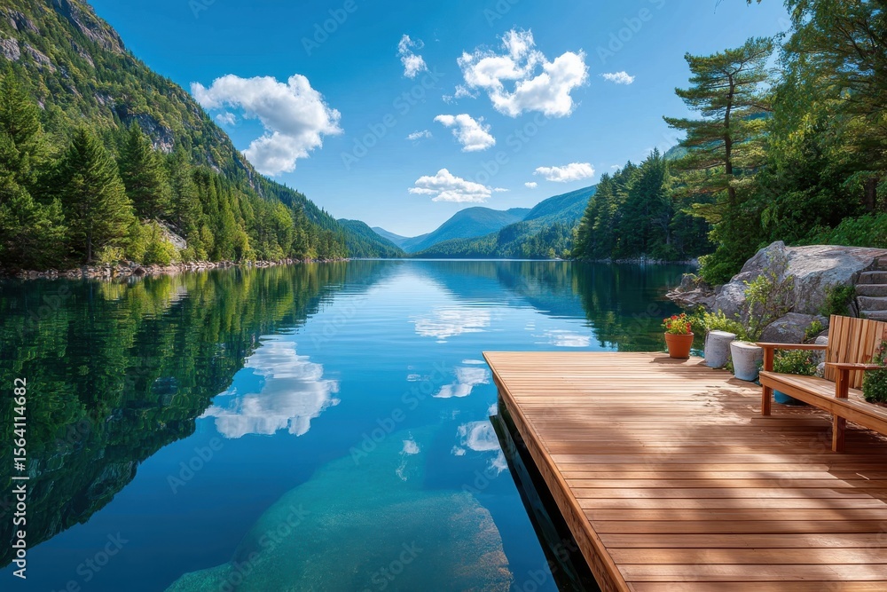 Obraz premium Scenic mountain lake with a wooden dock and vibrant natural surroundings