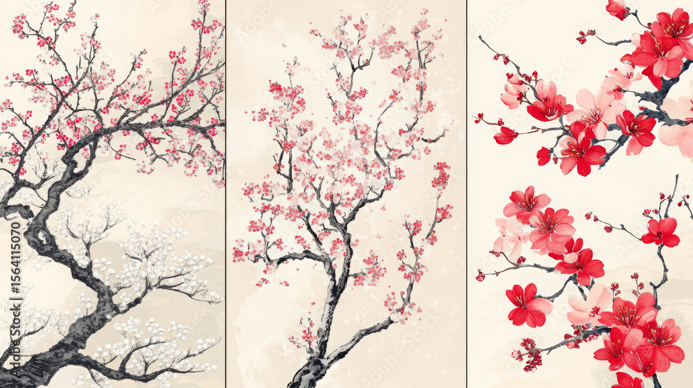 Naklejka premium A vector illustration set featuring traditional Japanese Sakura art, celebrating the spring cherry blossom season. Includes elegant depictions of cherry blossom branches, petals, and flowers