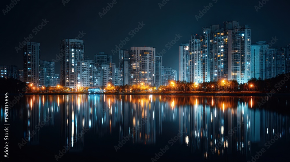 Fototapeta premium Night cityscape reflection illuminated towers and calm waters