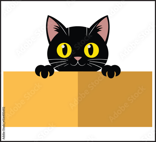 Black Cat Peeking Over Orange Box with Yellow Eyes and Pink Ears Vector Icon