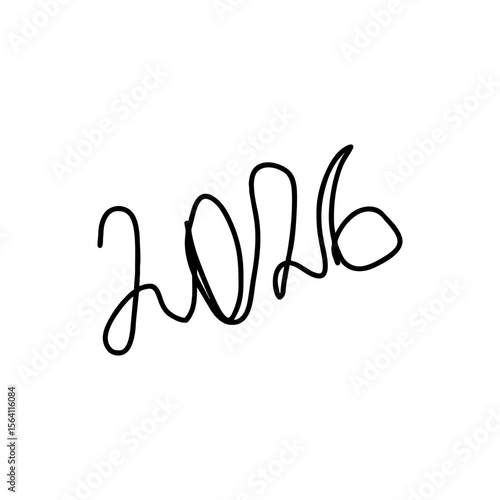 Playful handwritten 2026 number lettering in freeform black doodle line style for New Year designs, educational planners, celebration graphics, and digital calendars, isolated on transparent