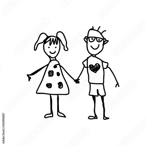 Childlike drawing of kids holding hands with heart and polka dots, sketchy black doodle SVG illustration for family, school design, love themes and children’s educational content, transparent 