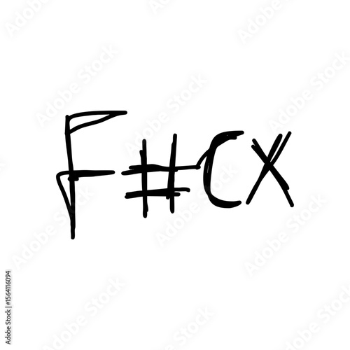 Explicit lettering with stylized F#CX in angry expressive black doodle line art, rebellious youth typography for digital art, street culture designs and censorship visuals, SVG icon on transparent bac
