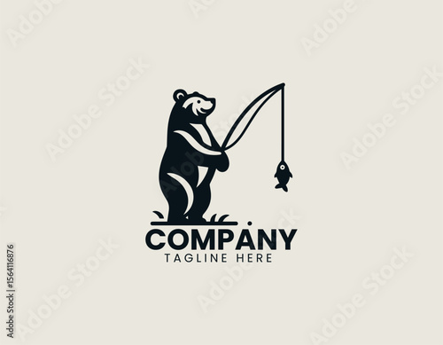 Bear catching fish in flowing stream vector logo with wilderness adventure illustration style