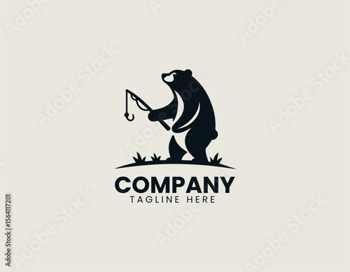 Wild bear catching fish in river as vector logo illustration with strong nature theme