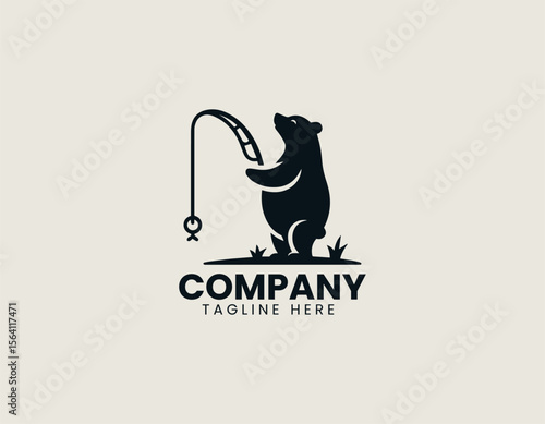 Wild bear catching fish in river as vector logo illustration with strong nature theme