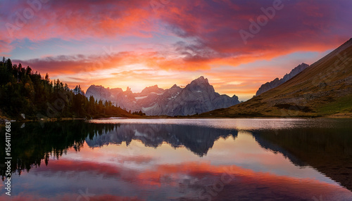 Wallpaper Mural serene lake reflection a captivating natural vista unfolds with majestic mountains mirrored in a tranquil lake the sky erupts in a breathtaking sunset panorama Torontodigital.ca