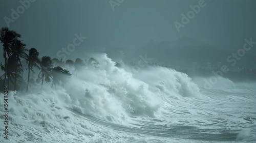 Massive ocean waves crash on shoreline during a tropical storm, power of nature, disaster and climate change concept footage.