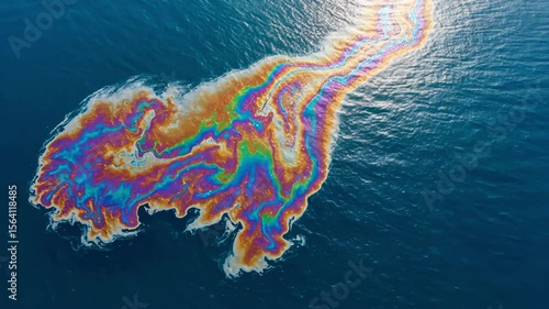 Aerial view of oil spill on ocean water, environmental pollution with colorful iridescent slick and waste, oil and gas industry.