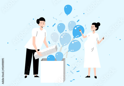 Expecting a child, boy or girl. Colorful blue balls fly out of the box
