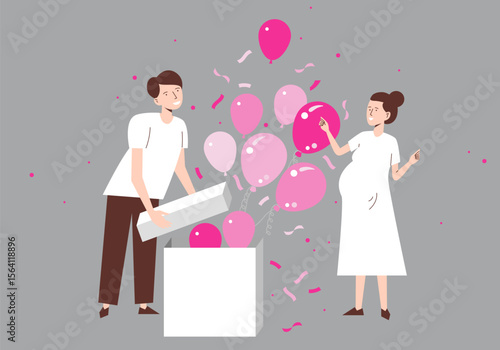 Expecting a child, boy or girl. Colorful pink balls fly out of the box