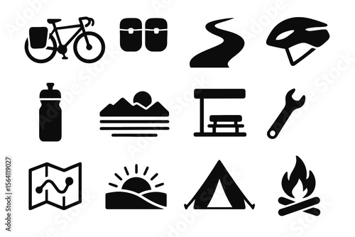 Black icons on white background for bike touring. Minimal vector for relaxed travel design.