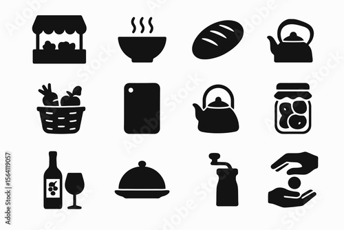 Black icons on white background for regional cuisine. Minimal vector for cultural tourism.
